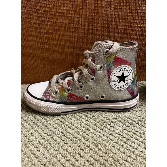 Converse All Star Kids Size 11 Silver Rainbow High Tops Shoes - Picture 3 of 6